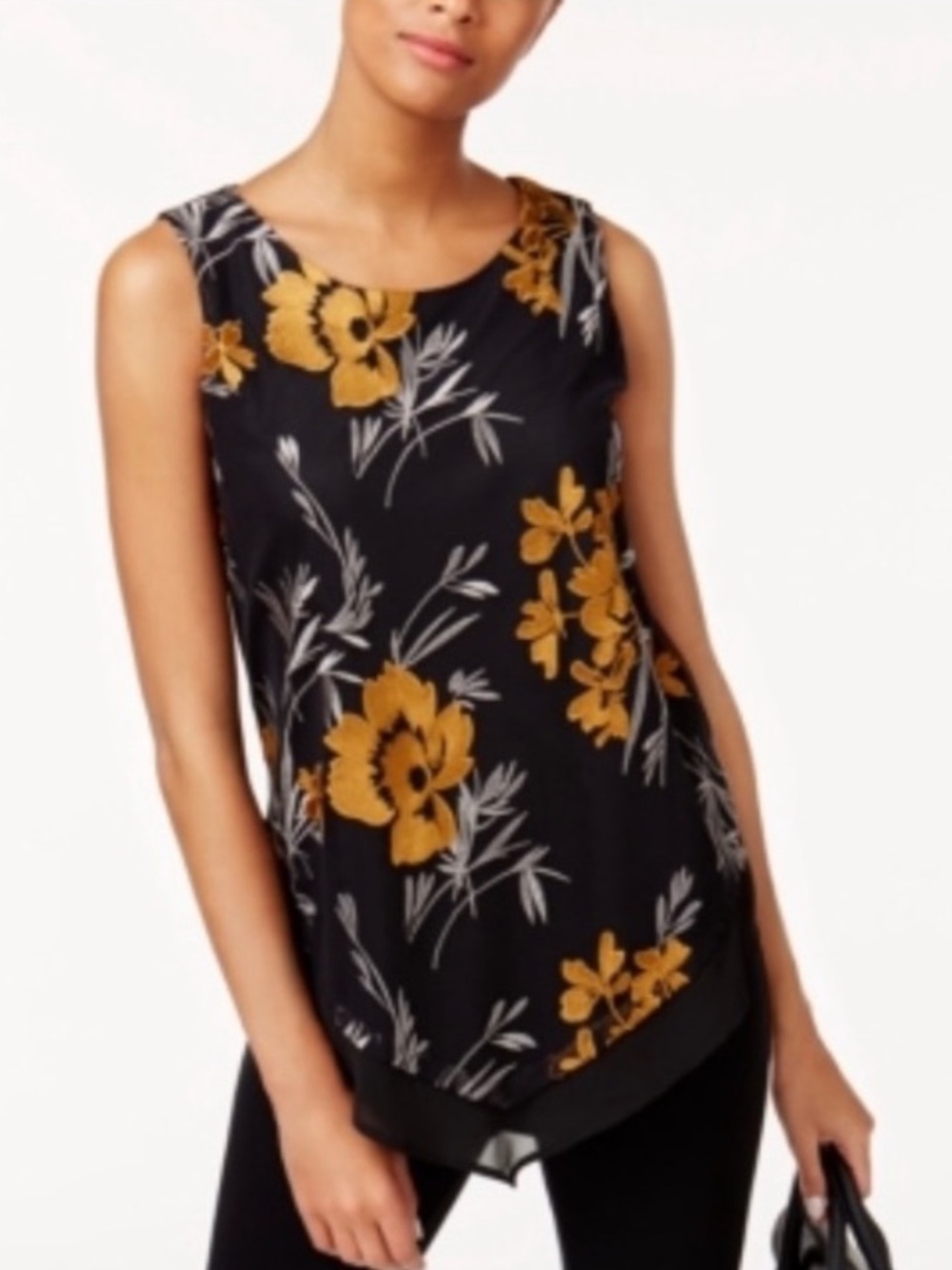 Alfani Sleeveless Black Floral Handkerchief Hem Top, Size XXL